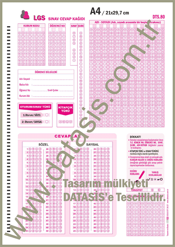 LGS Optik Form Sınav Cevap Kağıdı A4 - Sözel ve Sayısal (DTS-80)