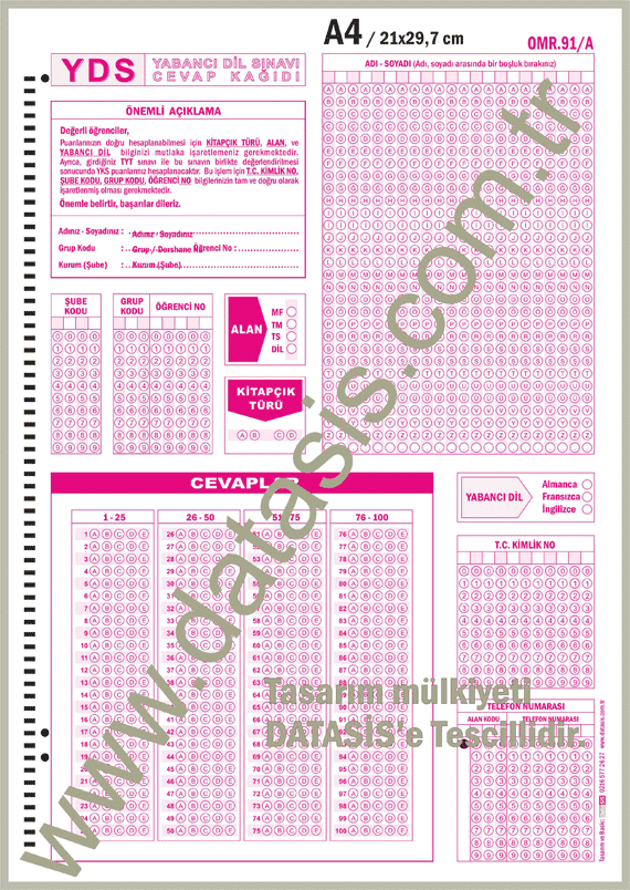 Yabancı Dil Sınavı (YDS) Optik Form Sınav Cevap Kağıdı (OMR-91)