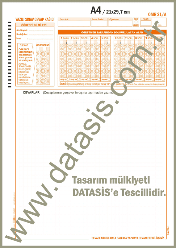 Açık Uçlu Optik Form Cevap Kağıdı (Form-21A) Klasik Sınav Puanlama Formu