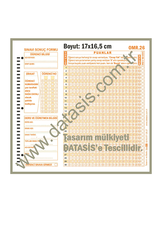 Açık Uçlu Optik Form Cevap Kağıdı(Form-26) A5  Klasik Sınav Puanlama Formu